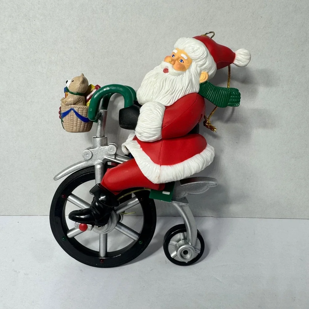Vintage 1990s Avon Cycling Santa Claus Christmas Ornament Tricycle Holiday Decor